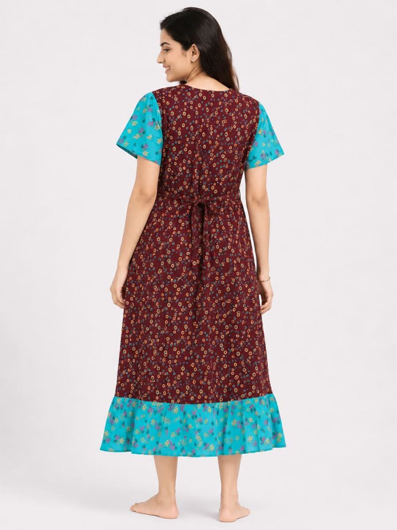 Women's Cotton Feeding Frock Nighty - Turquoise & Maroon