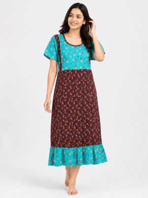 Women's Cotton Feeding Frock Nighty - Turquoise & Maroon