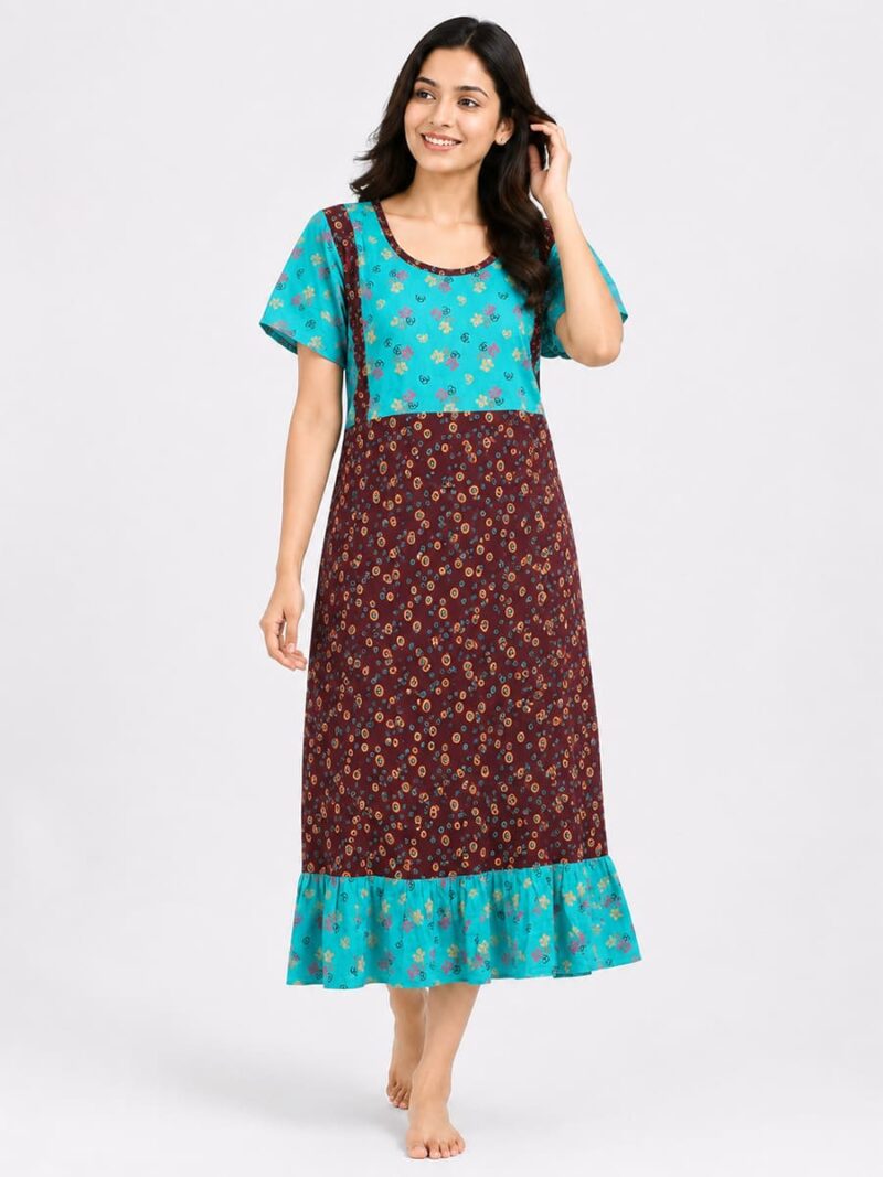 Women's Cotton Feeding Frock Nighty - Turquoise & Maroon