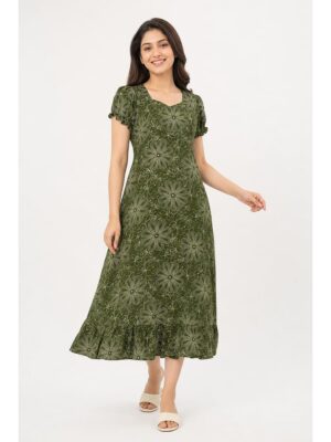 Women's Cotton Frock Nighty - Olive Green