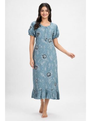 Women's Cotton Frock Nighty with Zip - Sky Blue