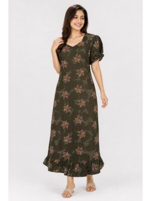 Women's Cotton Frock Nighty - Olive Green
