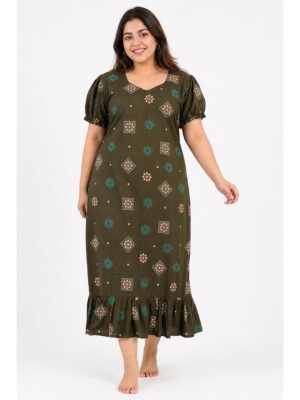Women's Plus Size Cotton Frock Nighty - Olive Green