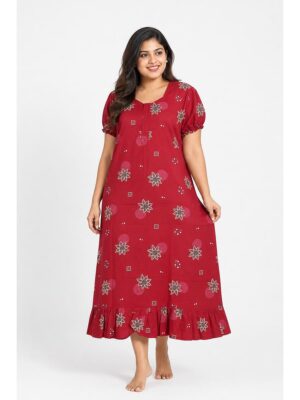 Women's Cotton Plus Size Zip Frock Nighty - Red