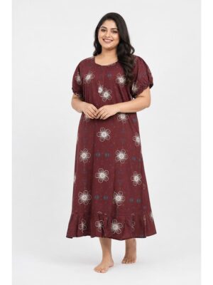 Women's Cotton Plus Size Zip Frock Nighty - Maroon
