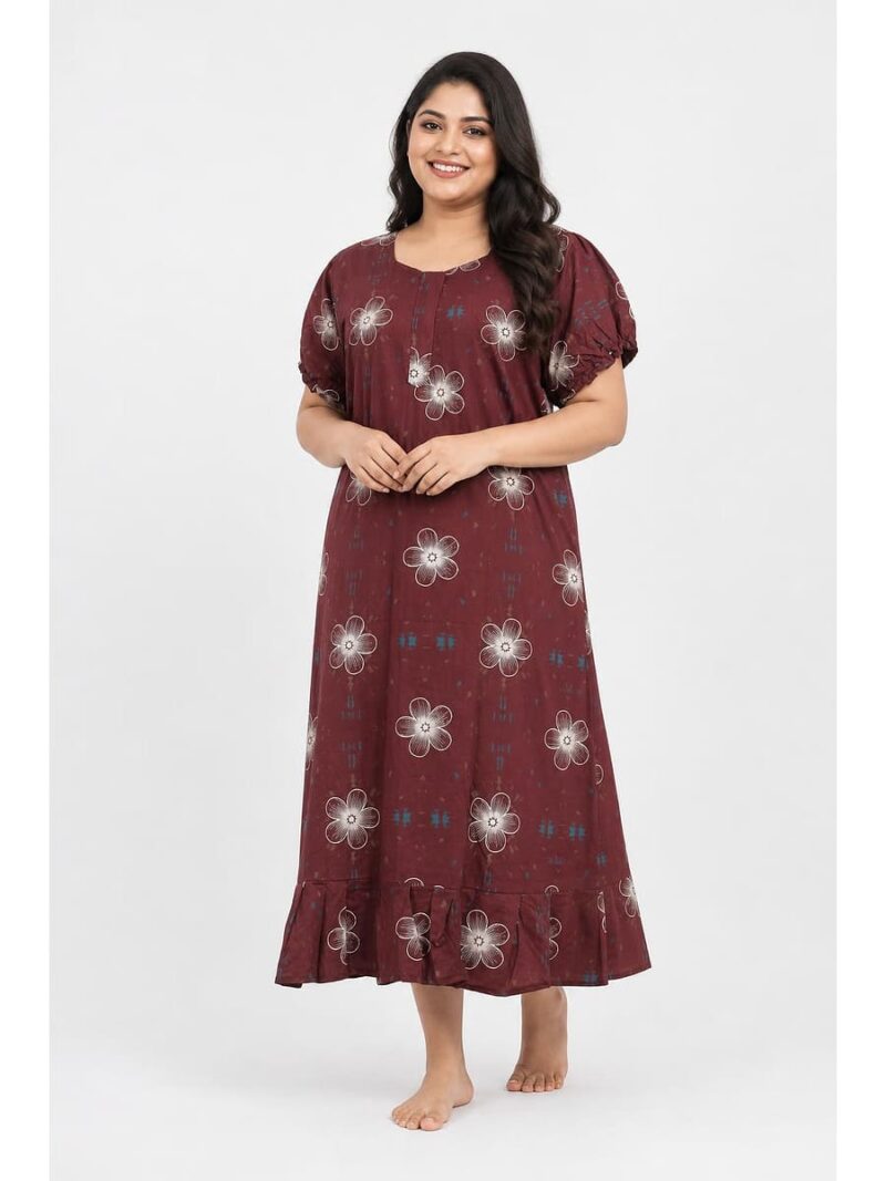 W-NY-462-30-MR-3XL_front Women's Cotton Plus Size Zip Frock Nighty - Maroon