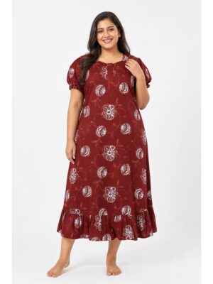 Women's Cotton Plus Size Zip Frock Nighty - Maroon