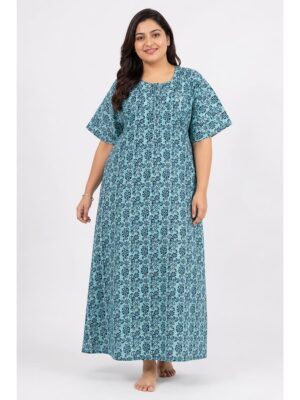 Women’s Cotton Plus-Size Zip Nighty -Turquoise