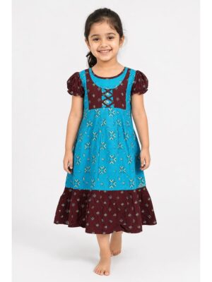Girls Cotton Frock Nighty - Blue & Maroon