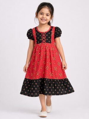 Girls Cotton Frock Nighty - Raspberry & Olive Green