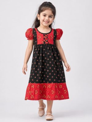 Girls Cotton Frock Nighty - Olive Green & Raspberry