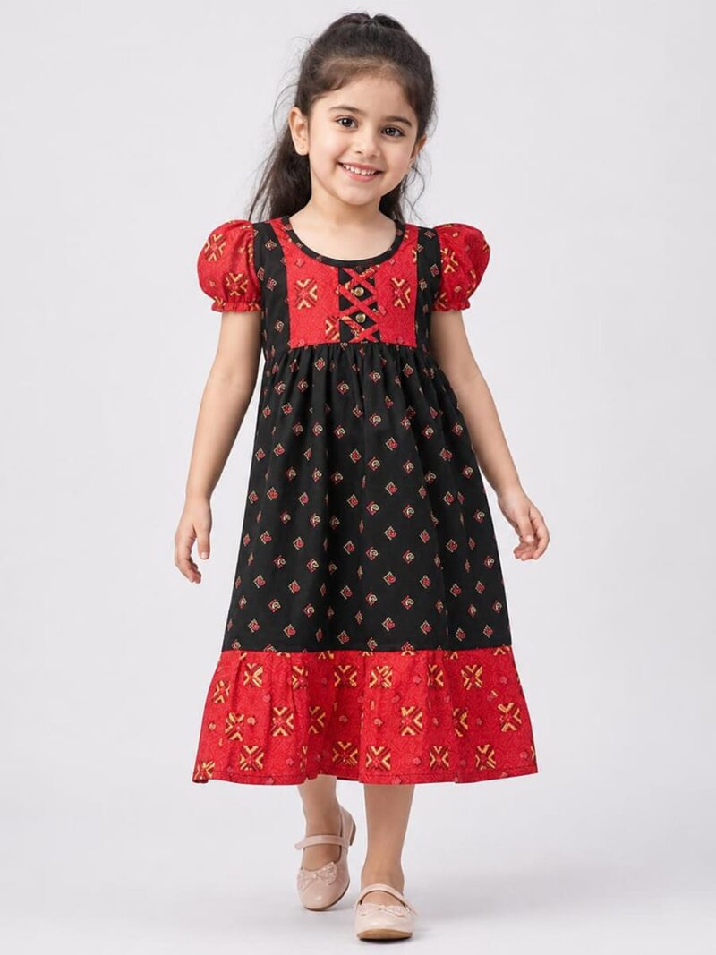 Girls Cotton Frock Nighty - Olive Green & Raspberry