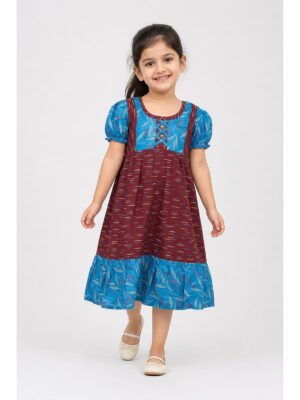Girls Cotton Frock Nighty - Maroon & Blue