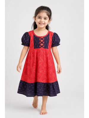 Girls Cotton Frock Nighty - Raspberry & Navy Blue