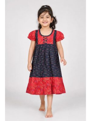 Girls Cotton Frock Nighty - Navy Blue & Raspberry