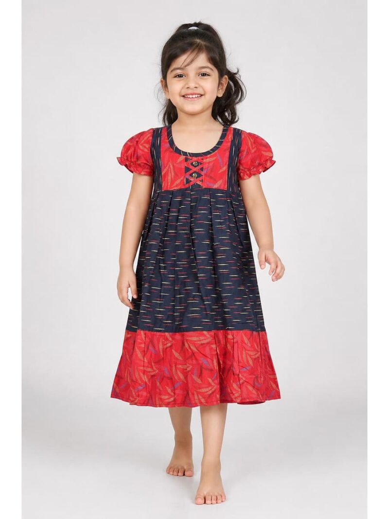 K-NY-499-10-NB-3-4Y-f_front Girls Cotton Frock Nighty - Navy Blue & Raspberry