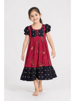 Girls Cotton Frock Nighty - Terracotta & Navy Blue