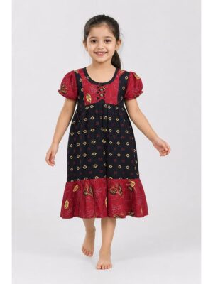 Girls Cotton Frock Nighty - Navy Blue & Terracotta
