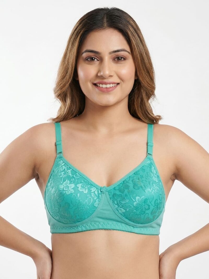 W-BR-559-04-TQ-M_front Women's Cotton Non-Padded Lace Bra,Turquoise