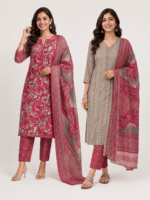 W-DM-484-01-PK-f Women's Cotton 2-in-1 Unstitched Dress Material- Pink & Grey