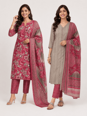 Women's Cotton 2-in-1 Unstitched Dress Material- Pink & Grey