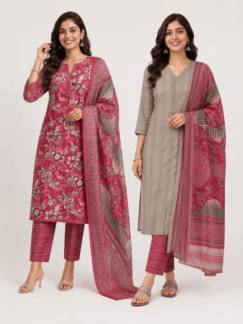 W-DM-484-01-PK-f Women's Cotton 2-in-1 Unstitched Dress Material- Pink & Grey