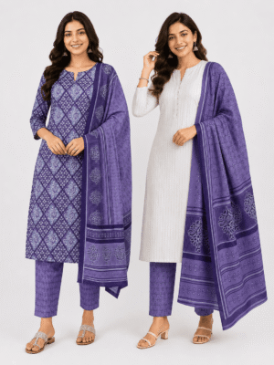 Women's Cotton 2-in-1 Unstitched Dress Material- Purple & White