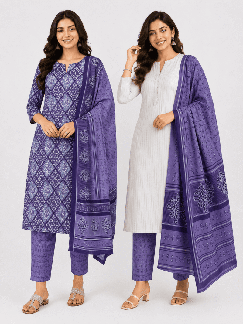 W-DM-484-02-LV Women's Cotton 2-in-1 Unstitched Dress Material- Purple & White