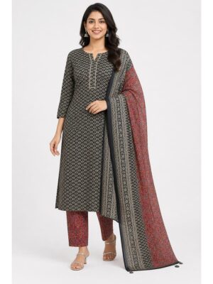 Women's Soft Cotton Unstitched Dress Material - Grey & Red