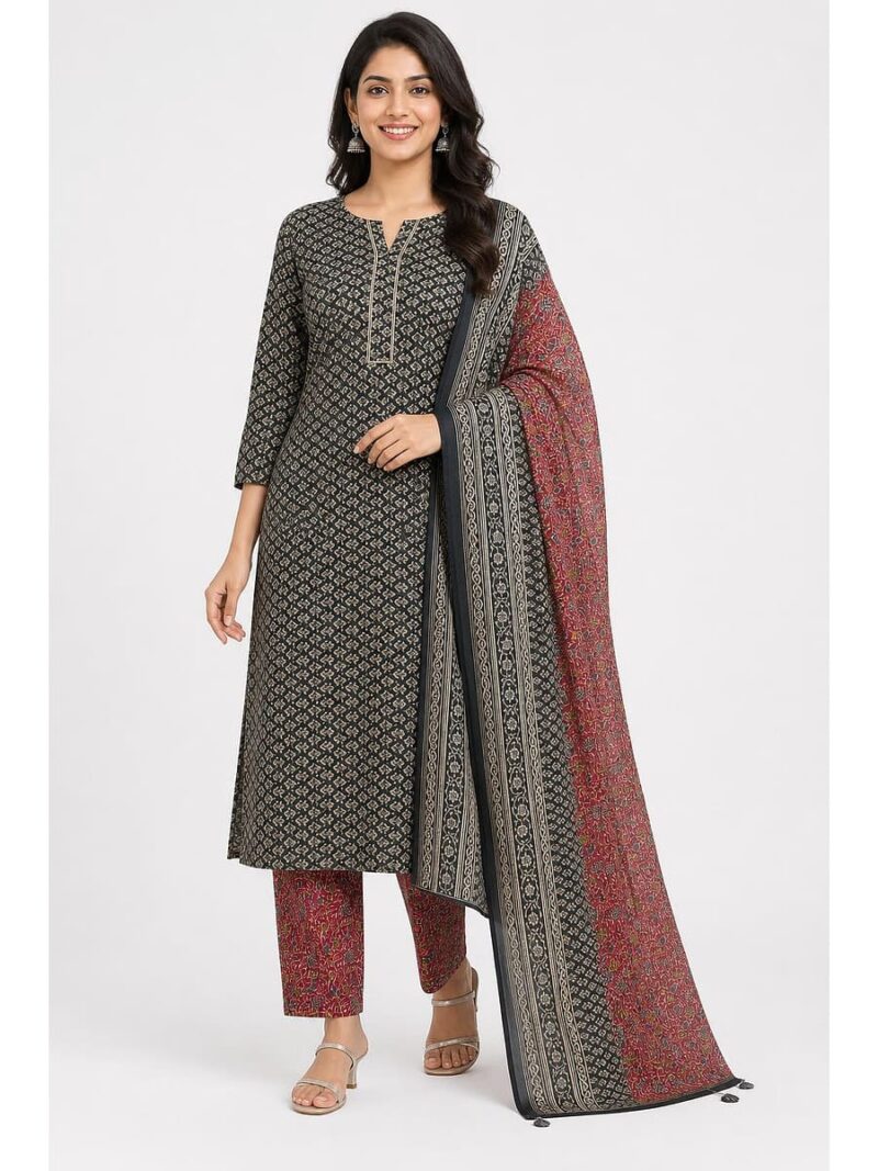 W-DM-484-05-GY-RD-f Women's Soft Cotton Unstitched Dress Material - Grey & Red