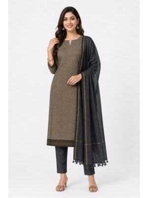 Women's Cotton Unstitched Dress Material - Tan & Black