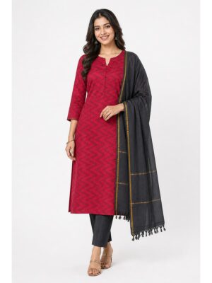 Women's Cotton Unstitched Dress Material - Red & Black
