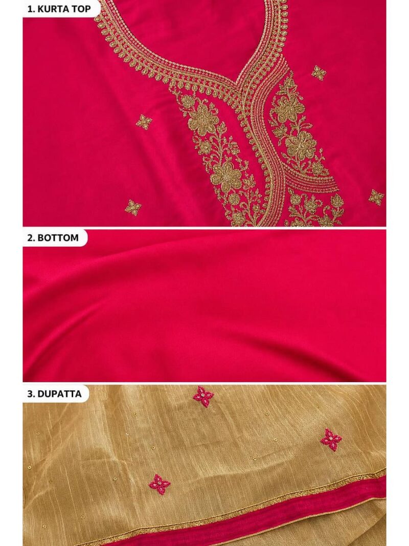 Women's Cotton embroidery stone work Unstitched Dress Material -Rani Pink