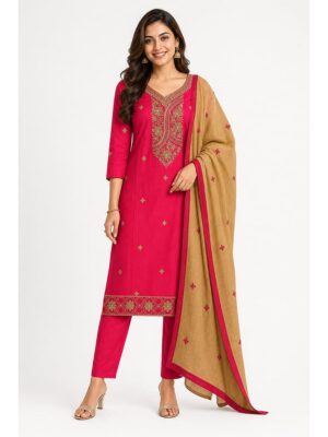 Women's Cotton embroidery stone work Unstitched Dress Material -Rani Pink