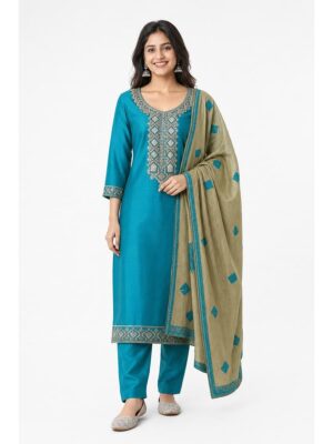 Women's Cotton Unstitched Dress Material ,Embroidery Stone Work - Teal