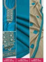 W-DM-492-03-TL-b. Women's Cotton Unstitched Dress Material ,Embroidery Stone Work - Teal