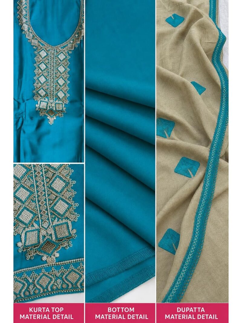 Women's Cotton Unstitched Dress Material ,Embroidery Stone Work - Teal