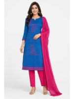 W-DM-493-01-TL-f Women's Cotton rhinestone embroidery work Unstitched Dress Material - Teal Blue