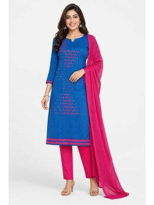 Women's Cotton rhinestone embroidery work Unstitched Dress Material - Teal Blue