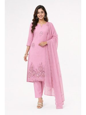 Women's Cotton Aari embroidery work Unstitched Dress Material - Pink