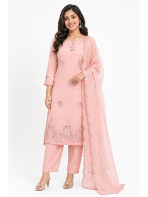 Women's Cotton Unstitched Dress Material, Aari work - Peach