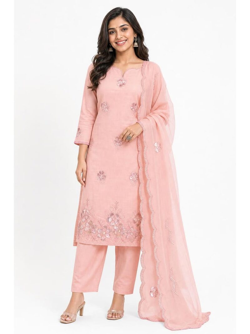 W-DM-494-02-PC Women's Cotton Unstitched Dress Material, Aari work - Peach