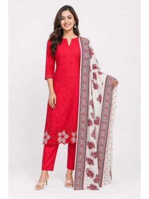 Women's Cotton Cutwork embroidery Unstitched Dress Material -Red