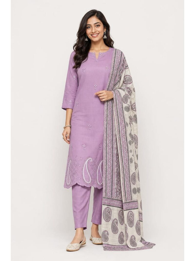 W-DM-500-01-MV Women's Cotton Unstitched Dress Material, Cutwork - Mauve