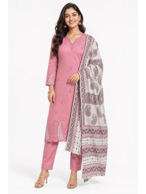 Women's Cotton Unstitched Dress Material, Cutwork - Dust Pink