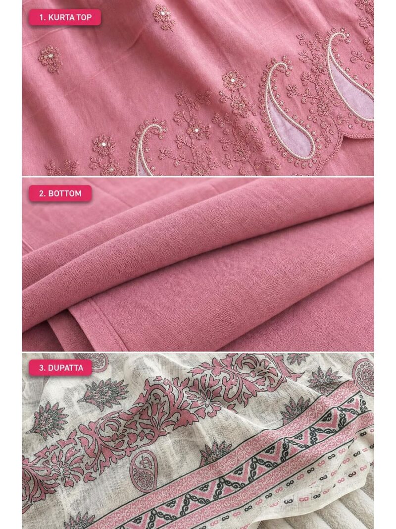 Women's Cotton Unstitched Dress Material, Cutwork - Dust Pink