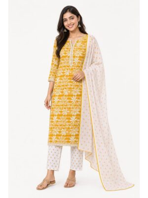 Women's Pure Cotton Unstitched Dress Material - Yellow