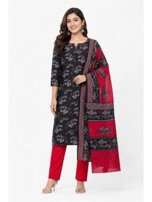 Women's Pure Cotton Unstitched Dress Material - Black & Red