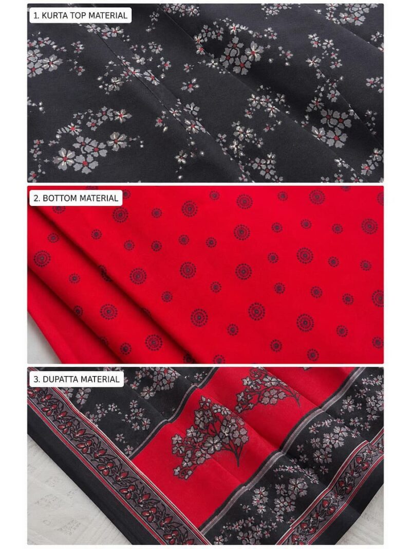 Women's Pure Cotton Unstitched Dress Material - Black & Red
