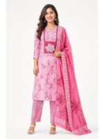 W-DM-503-01-PK Women's Cotton Unstitched Dress Material , Stone Work -Pink